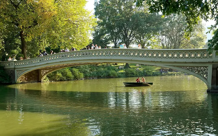 Bow Bridge over the Lake in Central Park surrounded by trees