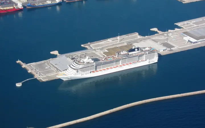 Aerial view of the cruise ship MSC Preziosa alongside the cruise mole in the port of Marseille