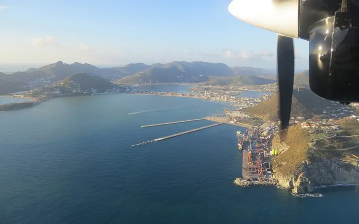 Aerial view of Great Bay with the Pointe Blanche cruise piers