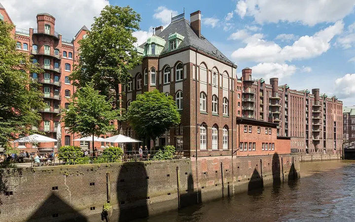 The Wasserschloss building between two canals in Hamburg's Speicherstadt