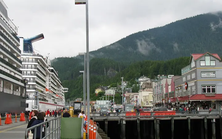 Cruise ship alongside a downtown Ketchikan berth next to the Front Street waterfront