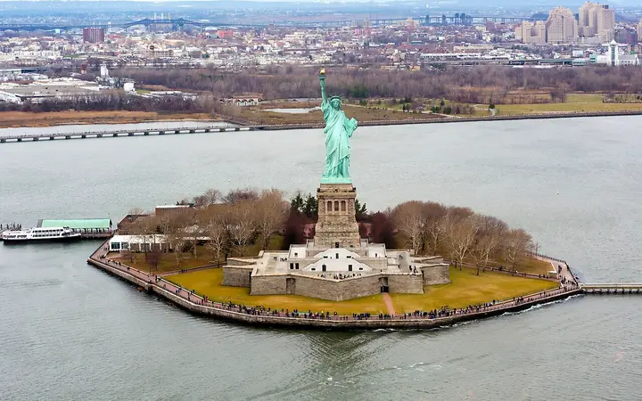 Aerial view of the Statue of Liberty on Liberty Island in New York Harbor