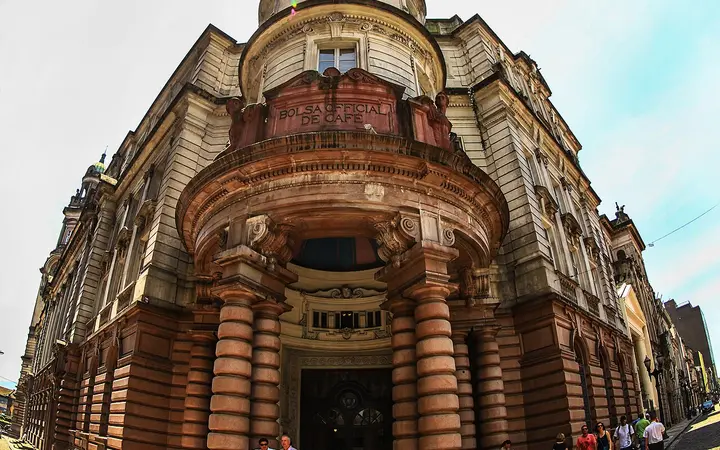 Corner facade of the Bolsa Oficial de Café building, home of the Coffee Museum in Santos