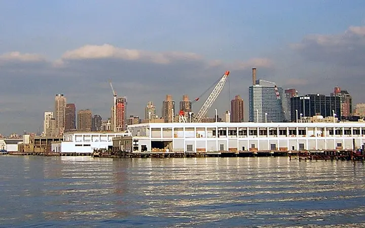 Manhattan Cruise Terminal piers on the Hudson River with the Midtown skyline, 2007