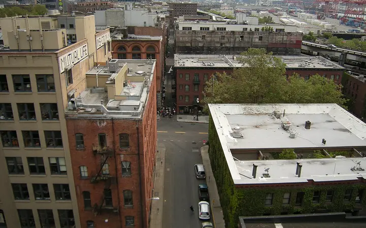 Brick buildings and streets of the Pioneer Square district, Seattle, seen from above