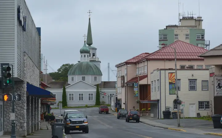 Green-domed St. Michael's Orthodox Cathedral at the end of Lincoln Street in downtown Sitka