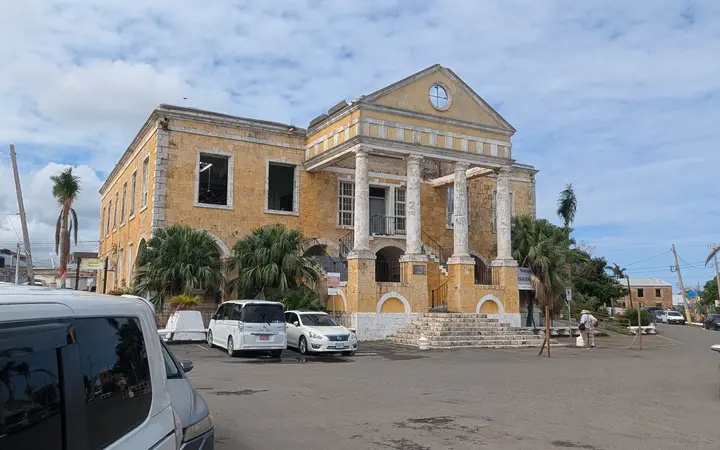 Two-storey Georgian Trelawny Parish Court House with a columned portico in Falmouth, Jamaica