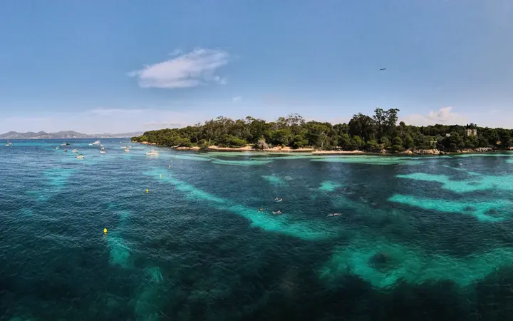 Aerial view of the Lérins Islands in clear turquoise water