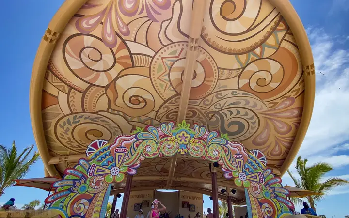 Colourful Junkanoo-style painted canopy of the Goombay Cultural Center at Disney Lookout Cay