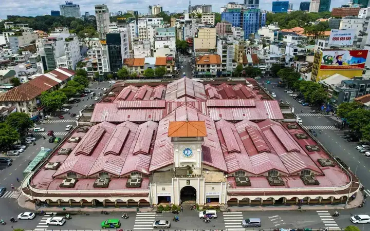 Aerial view of Ben Thanh Market and its clock tower