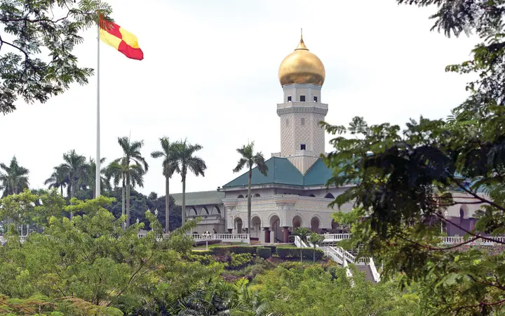 Golden dome and tower of Istana Alam Shah seen above palm trees and greenery in Klang, with the Selangor flag