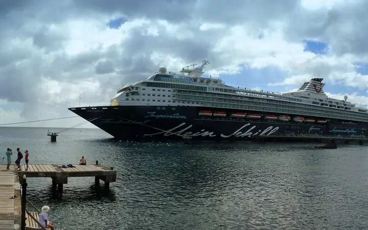 Cruise ship moored at the Roseau cruise pier on Dominica's Bayfront.