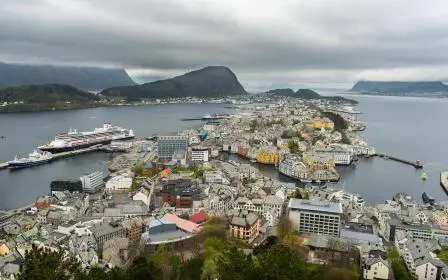 Cruise ship docked at the port of Alesund, Norway