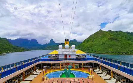 Cruise ship arriving at the port of Moorea, French Polynesia