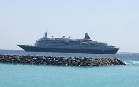 Cruise ship docked at the port of Utheemu, Maldives