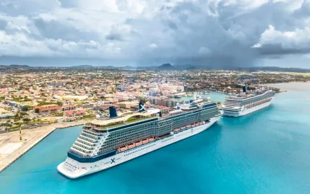 cruise ships docked at port of Oranjestad, Aruba (Aerial View)