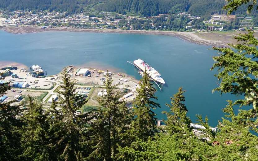 cruise ship docked at the port of Juneau, Alaska panorama view