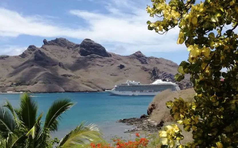 cruise ship arrival at the port of Nuku Hiva, French Polynesia
