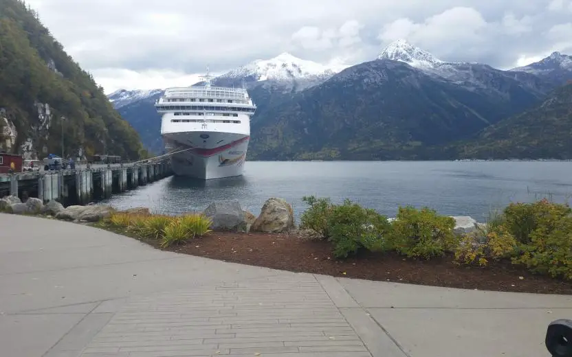 Norwegian Cruise Line cruise ship docked in the port of Skagway, Alaska