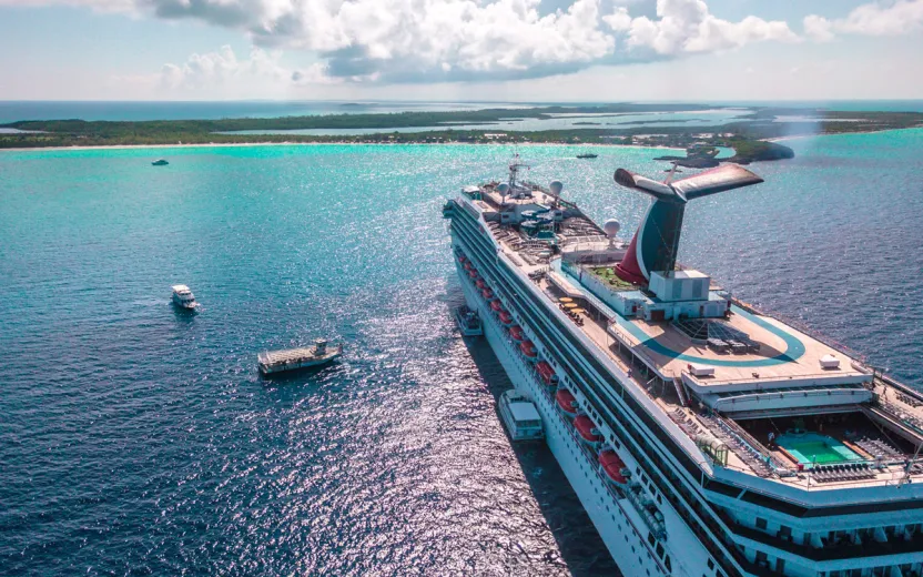 Carnival cruise ship anchored near Half Moon Cay, Bahamas