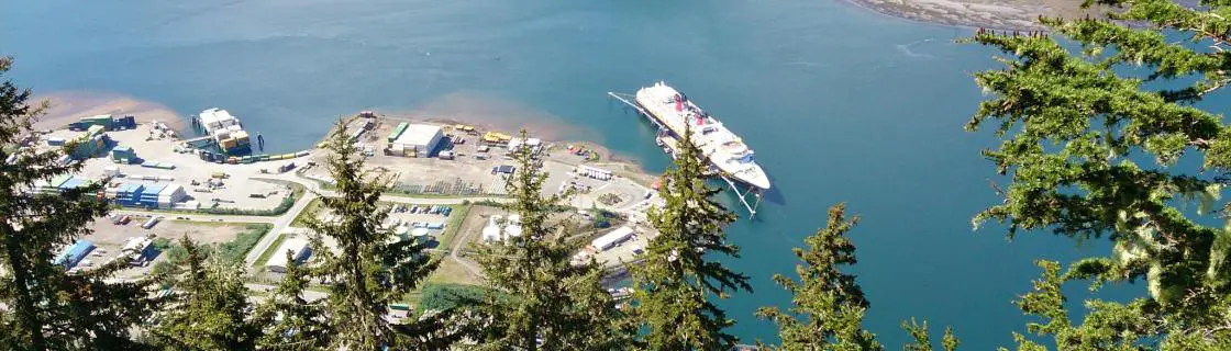 cruise ship docked at the port of Juneau, Alaska panorama view