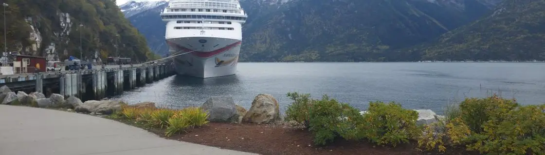 Norwegian Cruise Line cruise ship docked in the port of Skagway, Alaska