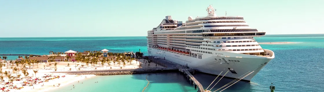 MSC cruise ship docked at the port of Ocean Cay, Bahamas