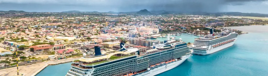 cruise ships docked at port of Oranjestad, Aruba (Aerial View)